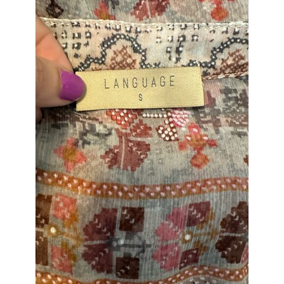 Language sheer print v neck 3/4 sleeves tunic blouse size Small - Picture 3 of 9